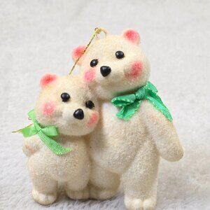 Vintage Ornament Polar Bears Flocked Hanging Christmas Retro Mother Baby Plastic